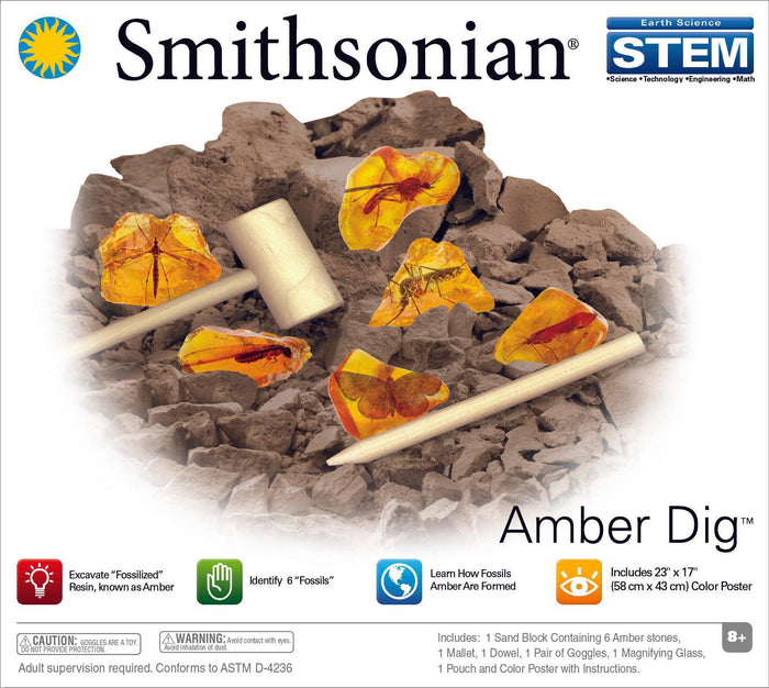 Begin a STEM adventure with the Smithsonian Amber Dig by Smithsonian, offering kids fossilized insects in amber, excavation tools, and educational graphics—perfect for aspiring young paleontologists.
