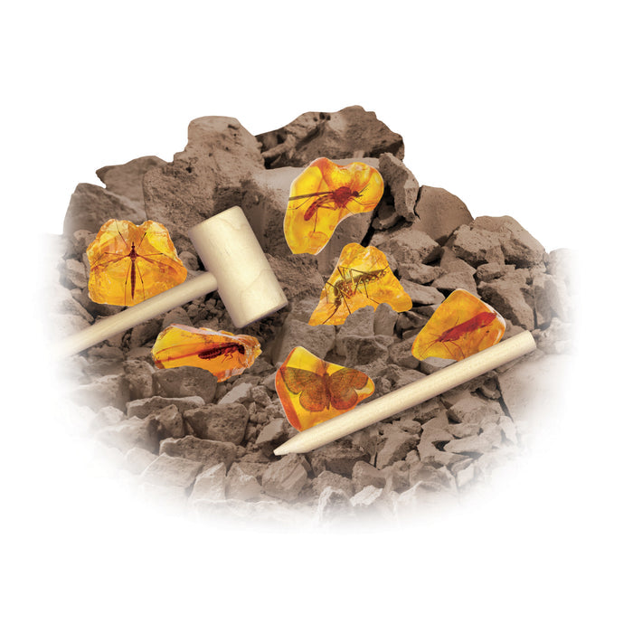 Amber stones with insects are scattered on rocks, with a wooden mallet and chisel nearby, suggesting a paleontology adventure—perfect for fossil excavation and discovery with the Smithsonian Amber Dig from Smithsonian.