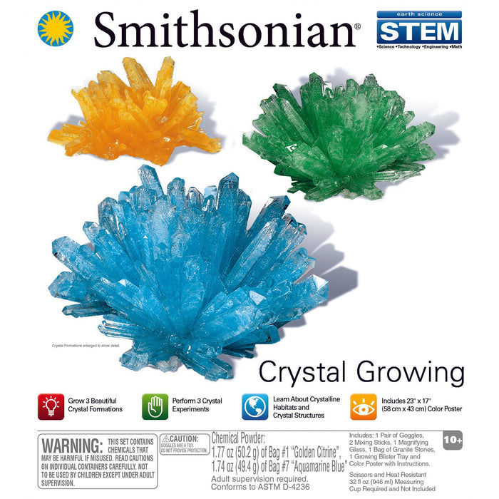Smithsonian Crystal Growing box cover shows blue, orange, and green crystal clusters. Features include 3 crystal formations, STEM learning benefits, and kit contents. Ideal for ages 10+, adult supervision suggested.