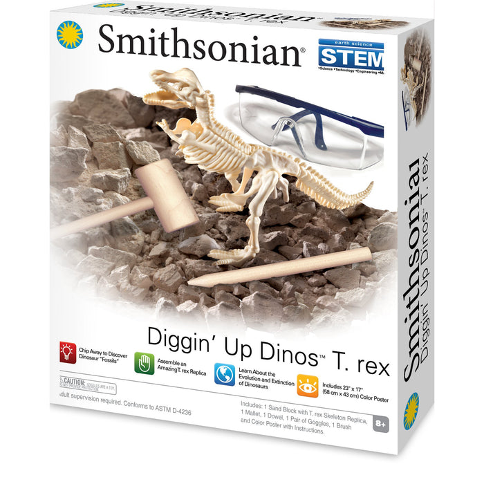 The Smithsonian Diggin' Up Dinosaurs T-Rex STEM kit includes a T-Rex skeleton, safety goggles, excavation tools, and rocks. The packaging from Smithsonian highlights the included items and educational benefits.