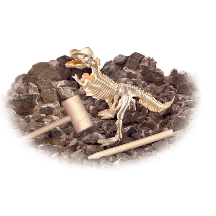 The Smithsonian Diggin' Up Dinosaurs T-Rex kit by Smithsonian features a partially unearthed T-Rex skeleton among rocks, with a wooden mallet and chisel for an interactive dinosaur excavation STEM toy experience.