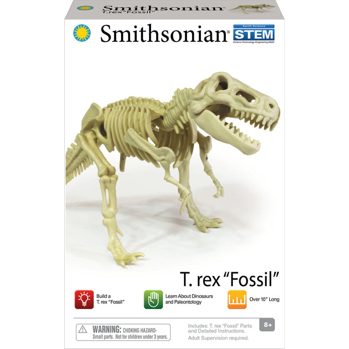 The Smithsonian Dinosaur Fossils T-rex Value Set by Smithsonian lets kids 8+ build a 10-inch T. rex fossil skeleton, explore dinosaur fossils, learn paleontology, and discover fun facts.