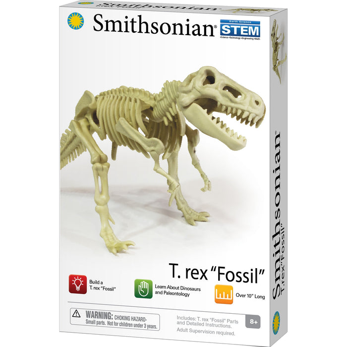 Box of Smithsonian Dinosaur Fossils T-rex Value Set by Smithsonian, featuring a plastic T. rex skeleton model to build (over 10” long). Offers engaging paleontology fun. Recommended for ages 8+.