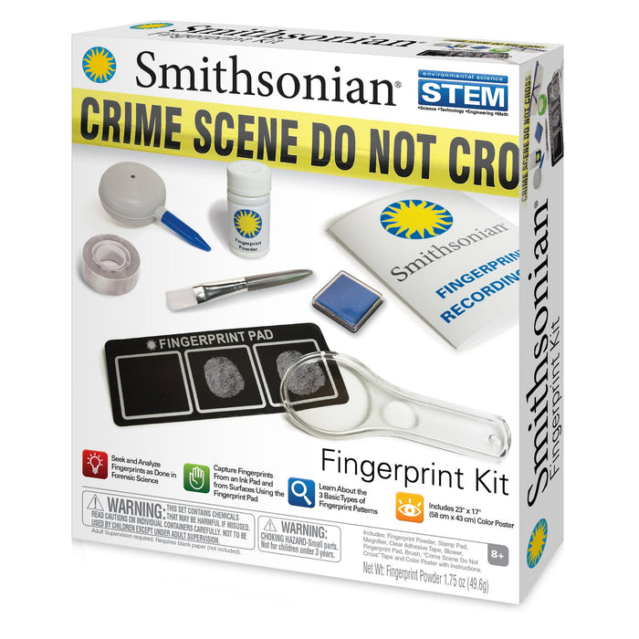 The Smithsonian Fingerprint Kit by Smithsonian includes tools for fingerprint analysis, a fingerprint pad, magnifier, and instruction manual, with packaging featuring a "Crime Scene Do Not Cross" banner.