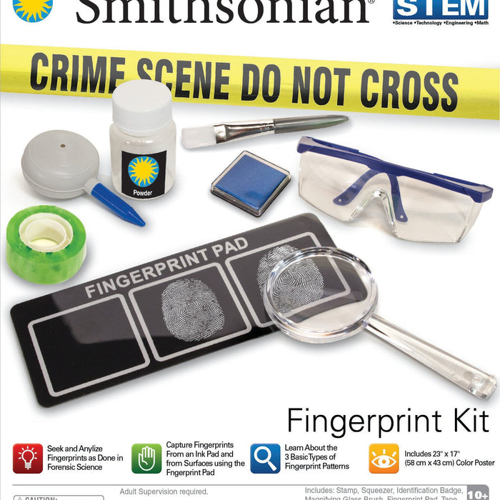 The Smithsonian Fingerprint Kit by Smithsonian includes powder, brush, magnifying glass, fingerprint pad, tape, safety goggles, containers, and comes with CRIME SCENE DO NOT CROSS tape for an authentic STEM investigation experience.