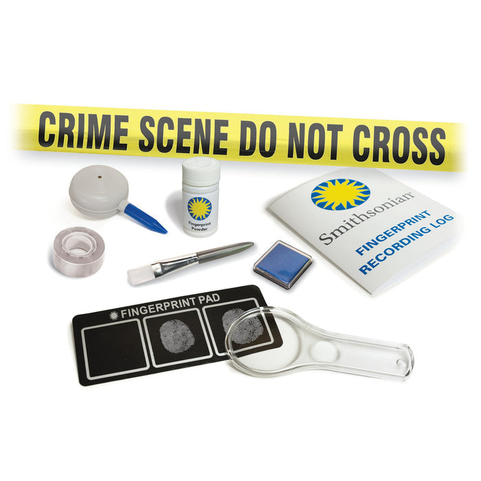 The Smithsonian Fingerprint Kit by Smithsonian includes Do Not Cross tape, fingerprint pad, powder, brush, magnifying glass, ink pad, tape, and a recording log—ideal for aspiring forensic investigators.