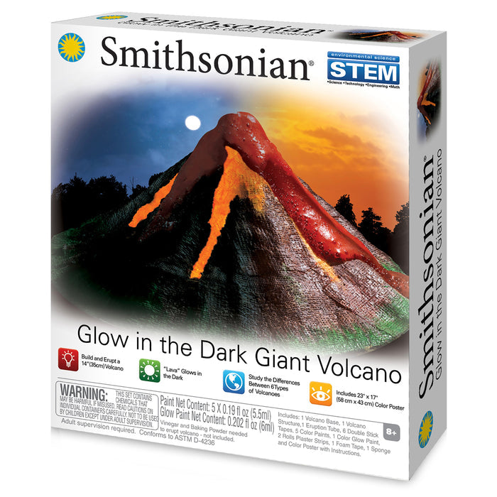 A box for the Smithsonian Glow in the Dark Giant Volcano kit features a vibrant volcano with glowing lava, promotes STEM learning, fun science experiments, and includes instructions to build and erupt your own volcano.