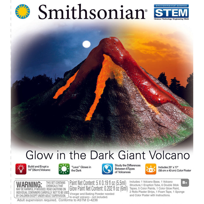 A colorful model volcano glows with orange lava against a dark backdrop. The box reads Smithsonian Glow in the Dark Giant Volcano, featuring educational icons and details for an exciting Smithsonian science experiment kit.