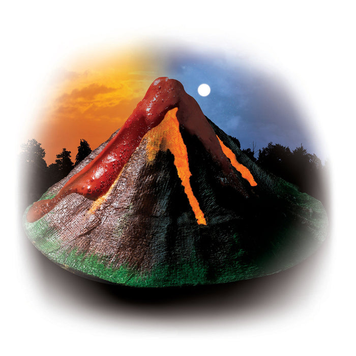 The Smithsonian Glow in the Dark Giant Volcano is displayed with red lava pouring down its sides, set against a split sunset and night background, highlighting an exciting science experiment by Smithsonian.