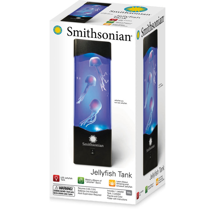 The Smithsonian Jellyfish Tank by Smithsonian showcases 3 lifelike jellyfish in a blue-lit tank. Enjoy a captivating sensory display and learn unusual facts about these fascinating ocean creatures as they gracefully swim.