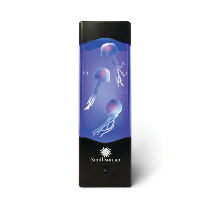The Smithsonian Jellyfish Tank by Smithsonian features three artificial jellyfish drifting in a blue-lit rectangular aquarium with a black base and on/off switch, offering a calming sensory experience ideal for ocean enthusiasts.