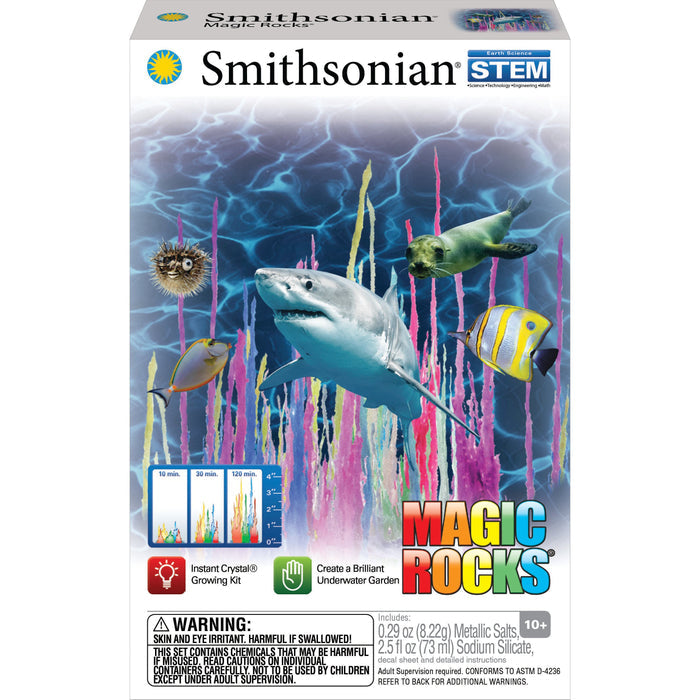 Smithsonian Magic Rocks Value Set by Smithsonian lets you grow colorful underwater crystals with a dolphin, pufferfish, turtle, and two tropical fish. Instant Crystal Growing Kit—fun STEM activity with safety warnings included!.