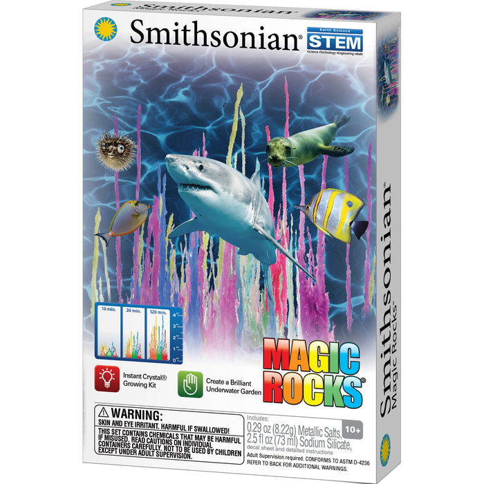 The Smithsonian Magic Rocks Value Set features colorful underwater crystal formations, with packaging showing a shark, seal, and fish, plus product info and safety warnings.