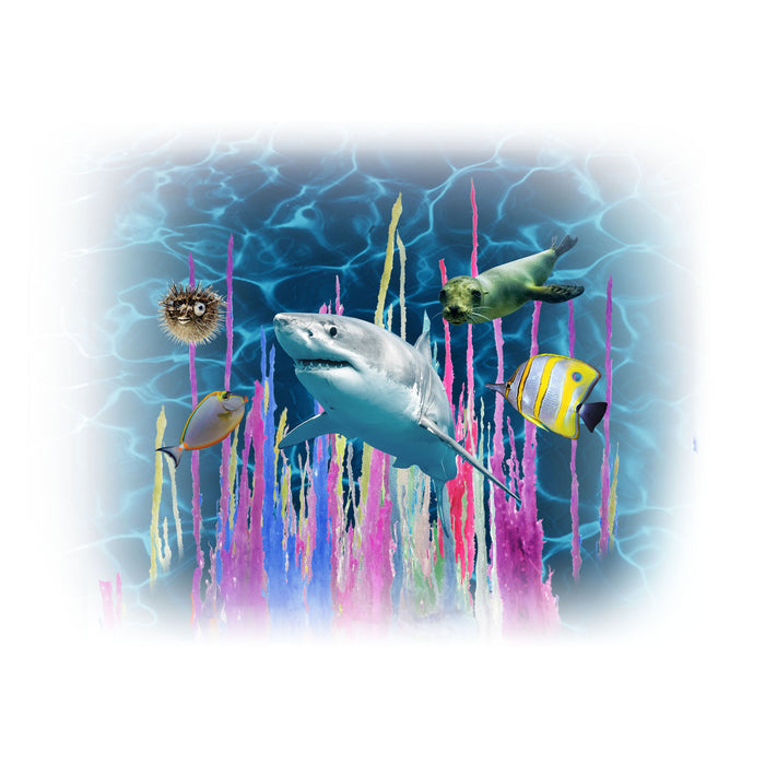 Several sea animals, like a shark, seal, pufferfish, and two colorful tropical fish, swim above vibrant coral that resembles formations from the Smithsonian Magic Rocks Value Set by Smithsonian.