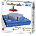 The Smithsonian Magna Gyroscope box shows the gyroscope spinning above a blue magnetic base. This STEM kit by Smithsonian teaches physics concepts safely and is recommended for ages 10 and up.