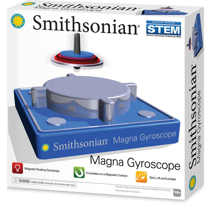 The Smithsonian Magna Gyroscope box shows the gyroscope spinning above a blue magnetic base. This STEM kit by Smithsonian teaches physics concepts safely and is recommended for ages 10 and up.
