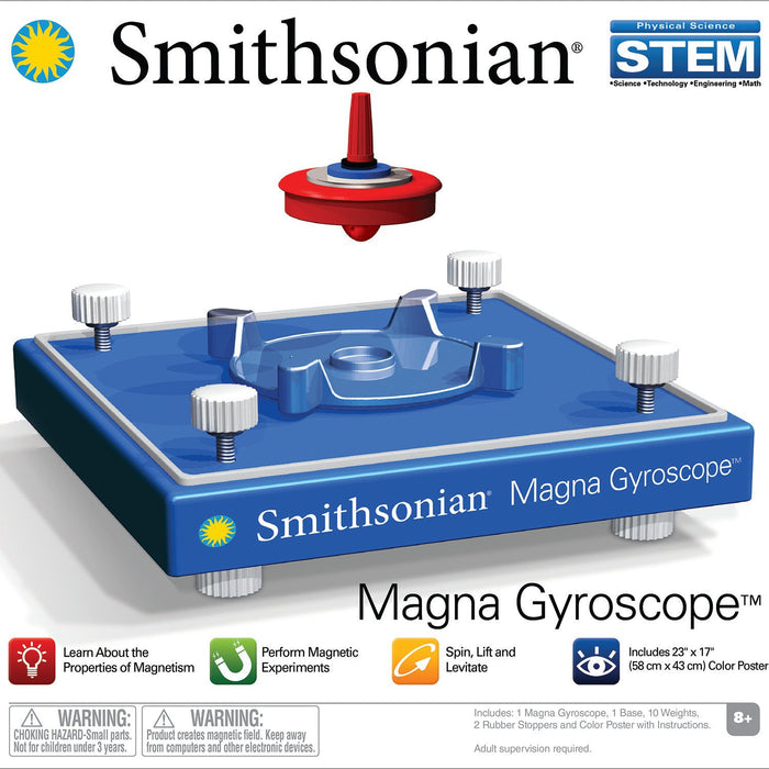 Box for the Smithsonian Magna Gyroscope STEM toy set by Smithsonian, featuring a red and blue gyroscope atop a blue base with four knobs. Includes STEM branding, Smithsonian logo, and icons for experiments and physics exploration.