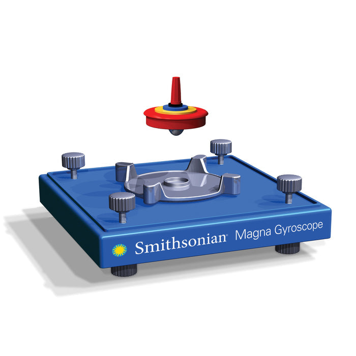 The Smithsonian Magna Gyroscope by Smithsonian hovers above a blue base with four silver knobs and a central platform—a red and yellow STEM tool designed for exploring physics principles.