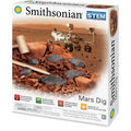 The Smithsonian Mars Dig STEM kit features a Mars rover, excavation tools, and black rocks on a Martian landscape. Assemble your own rover and learn about Mars. Suitable for ages 8+.