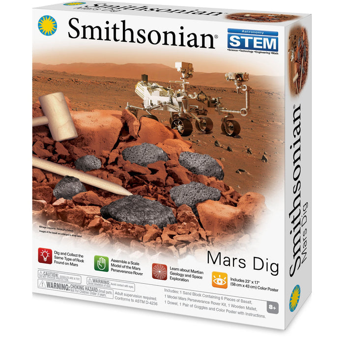 The Smithsonian Mars Dig STEM kit features a Mars rover, excavation tools, and black rocks on a Martian landscape. Assemble your own rover and learn about Mars. Suitable for ages 8+.