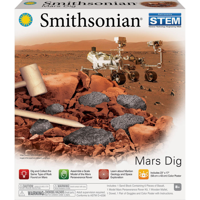 Box for the Smithsonian Mars Dig by Smithsonian, showing a Mars rover and excavation tools on a rocky Martian surface with black rocks and product details on the front.