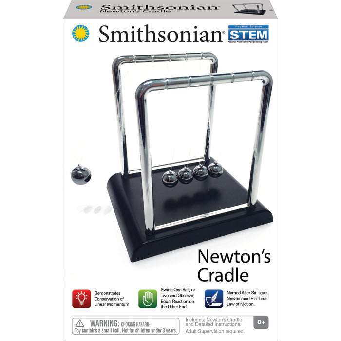 The Smithsonian Newtons Cradle Value Set by Smithsonian features five metal spheres suspended on wires above a black base. The box highlights STEM activity benefits and safety information for ages 8+.