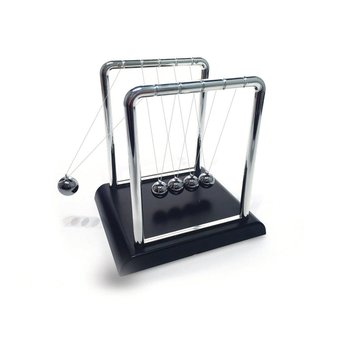 The Smithsonian Newtons Cradle Value Set from Smithsonian features five silver balls on a black base, with one ball raised and others still, ideal for an engaging STEM activity.