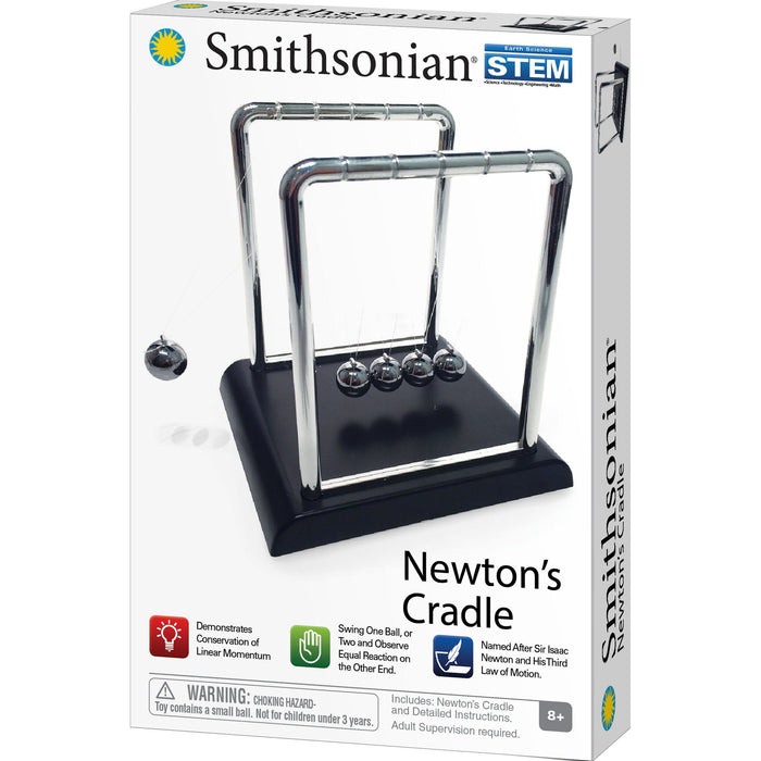 Packaging for the Smithsonian Newtons Cradle Value Set by Smithsonian, showing the device with metal balls. Highlights STEM learning and activities, features a small parts warning, and is intended for ages 8+.