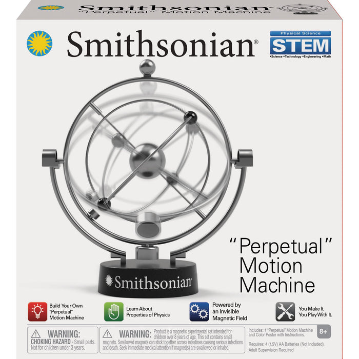 The Smithsonian Perpetual Motion Machine by Smithsonian is a STEM kit for ages 8+ featuring a silver device with spinning rings on a black base, designed as an interactive tool to explore magnetism and physics concepts.
