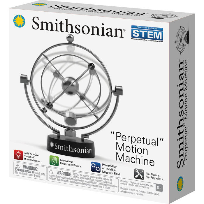 The Smithsonian Perpetual Motion Machine kit box displays the kinetic model, educational symbols, and highlights hands-on physics learning for ages 8+, by Smithsonian.