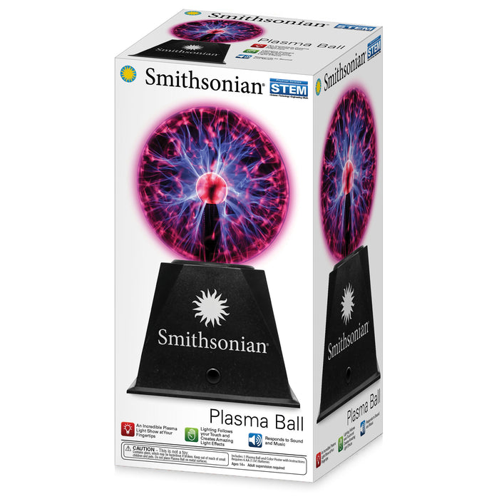 A white box labeled Smithsonian Plasma Ball displays images of a glowing sphere with pink and blue electric streams, featuring Smithsonian branding and STEM logos.
