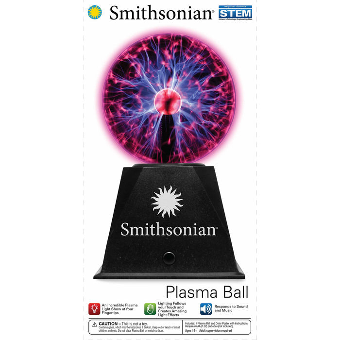 A box for the Smithsonian Plasma Ball by Smithsonian, featuring the glowing orb with colorful electric streams and details about its features and safety warnings at the bottom.