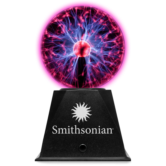 The Smithsonian Plasma Ball by Smithsonian features a black base with the logo and emits vibrant pink and blue electric streams from its glowing center, making it a striking STEM toy.
