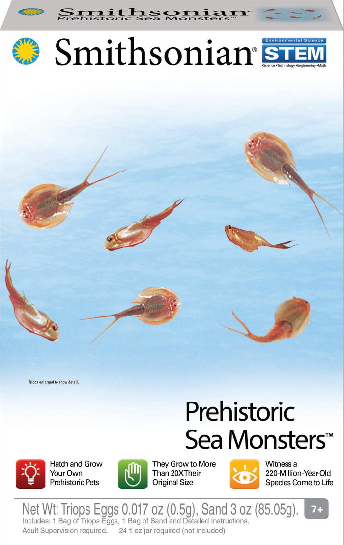 The Smithsonian Prehistoric Sea Monsters Value Set lets kids ages 7+ grow their own Triops, explore a 220-million-year-old species, and discover prehistoric sea monsters. The box shows six illustrated Triops swimming.