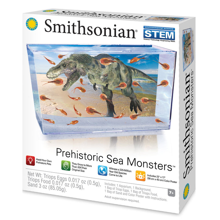 The Smithsonian Prehistoric Sea Monsters STEM kit features an illustrated aquarium with Triops, includes eggs, sand, supplies, and a color poster for hands-on prehistoric discovery. From the Smithsonian brand.