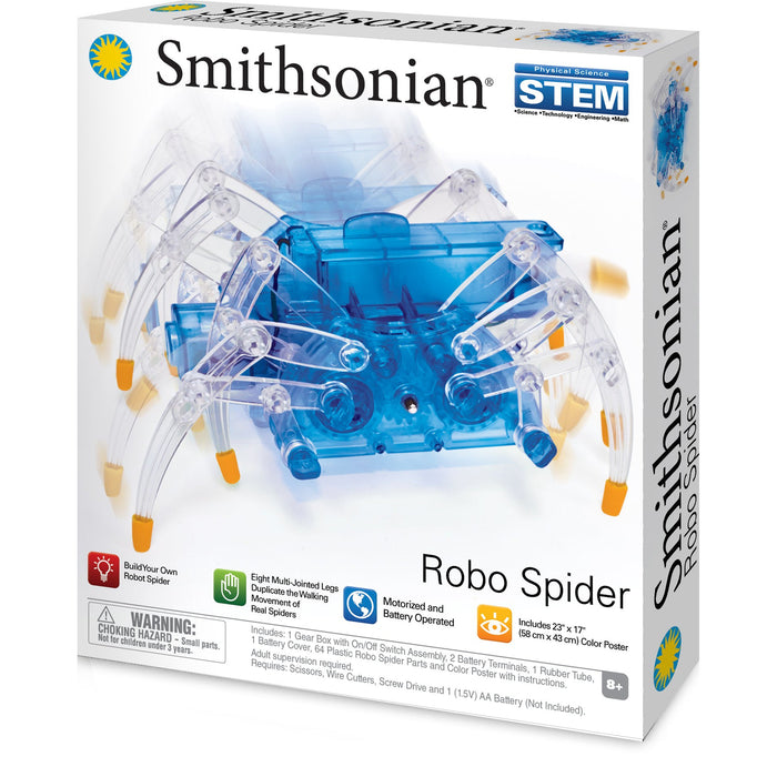 The Smithsonian Robo Spider by Smithsonian is a STEM kit for ages 8+, featuring a blue motorized walking robot with yellow-tipped legs. The box emphasizes STEM learning and fun build-and-play elements.