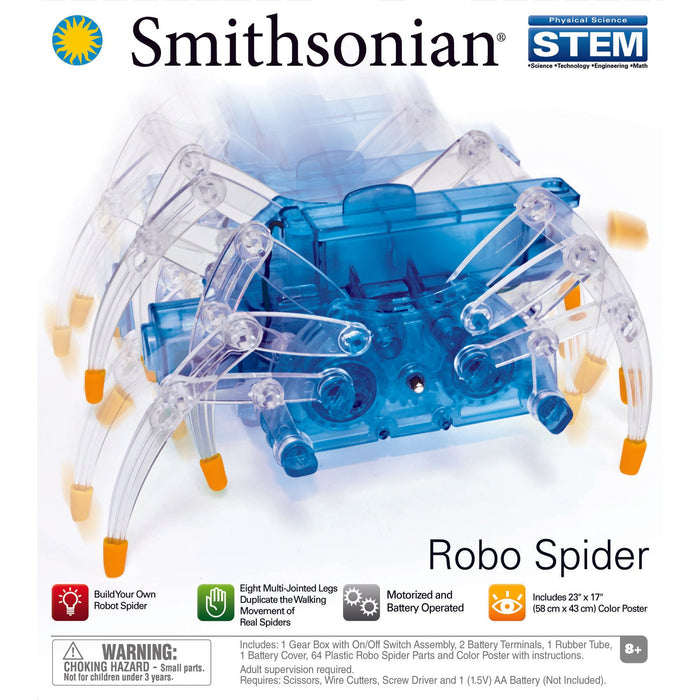 The Smithsonian Robo Spider is a blue and clear plastic science kit with multi-jointed legs, battery operation, and assembly parts. This STEM robot kit includes age 8+ warnings and info.