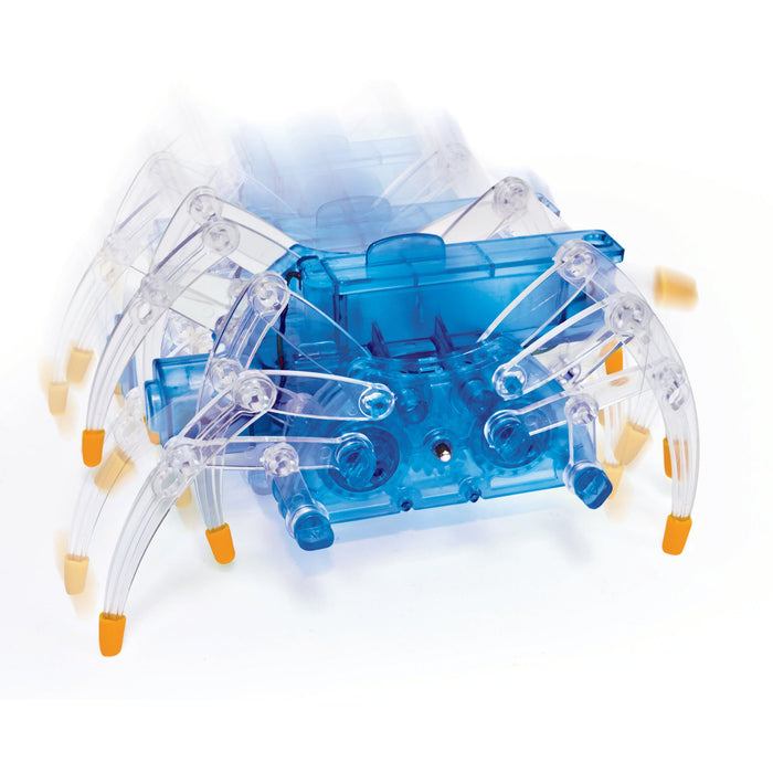 The Smithsonian Robo Spider by Smithsonian is a translucent blue plastic robot with eight clear legs and orange feet. In motion, its blurred legs highlight the STEM-inspired mechanical movement of this science kit.