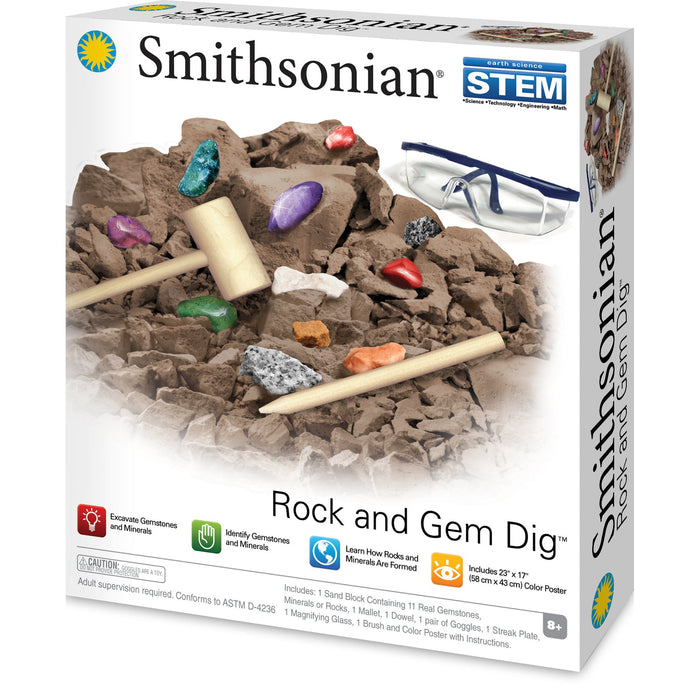 The Smithsonian Rock and Gem Dig by Smithsonian features excavation tools, safety goggles, colorful gemstones, and kit contents on the box. The packaging highlights its STEM educational benefits for ages 8+.