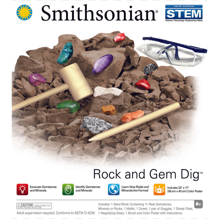 Box for the Smithsonian Rock and Gem Dig by Smithsonian, showing excavation tools, colorful gemstones, safety goggles, and STEM-themed icons that highlight activities like digging for minerals and identifying rocks and gems.