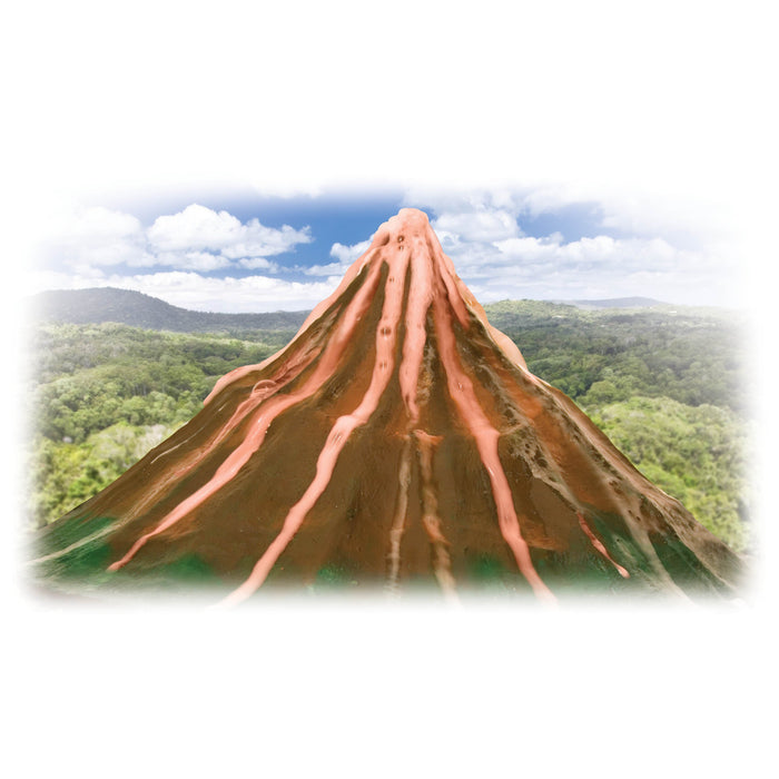 A volcano made with the Smithsonian Volcano Value Set by Smithsonian, showing red-orange lava streaming down its sides, stands before a green forest and a partly cloudy sky.