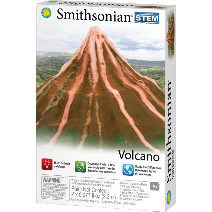 The box of the Smithsonian Volcano Value Set by Smithsonian features a model volcano erupting and highlights its educational STEM value—build and erupt a volcano, learn with real Smithsonian expertise, and explore different types of volcanoes.