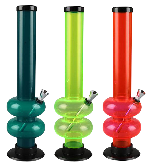 A front view of the Acrylic Double Bubble Base Water Pipe, showcasing its clear, bulbous base and cylindrical neck.