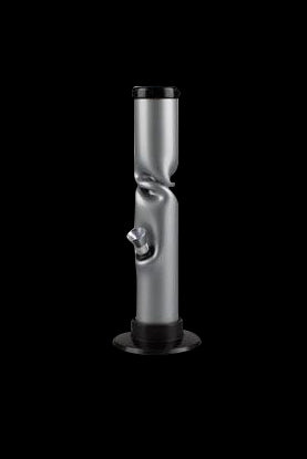 Silver glass water pipe with ice pinch and black accents against a black background.
