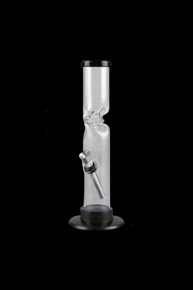 Clear glass bong with black accents and a removable downstem, isolated on a black background.