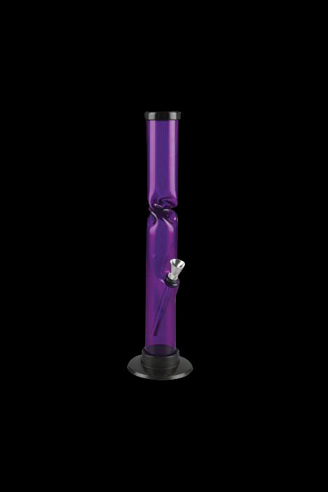 Purple glass water pipe against a black background.