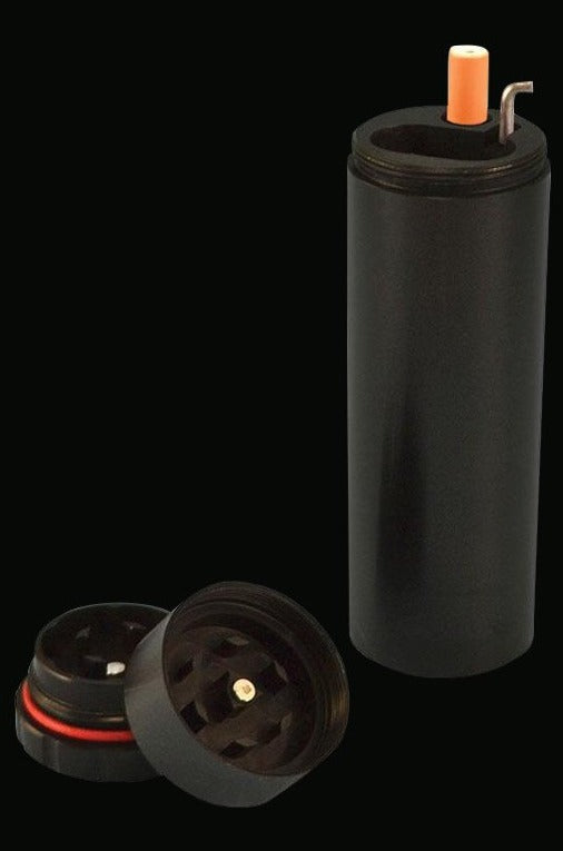 Top-down view of the open All In 1 Metal Dugout w/Poker & Grinder, showing the interior with a metallic grinder and poker tool.