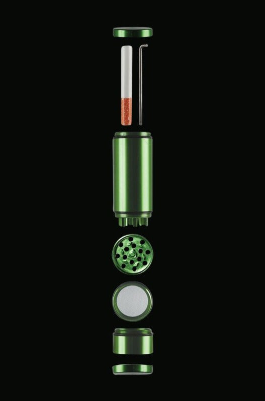 Front view of the All-In-One Dugout & Grinder with Storage, showcasing its cylindrical shape and layered compartments.