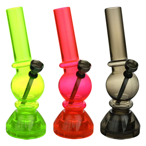 Front view of the Angled Mini Acrylic Water Pipe with Grinder Base, showing its compact size and transparent construction.