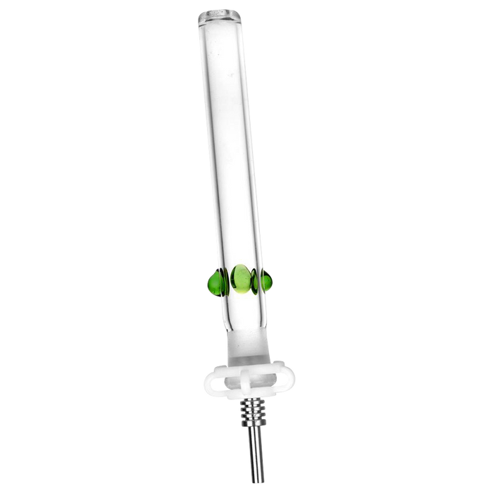 Vertical studio shot of the Classic Glass Honey Vapor Straw Collector showing a clear glass tube with three small green glass beads near the center and a metal tip at the base